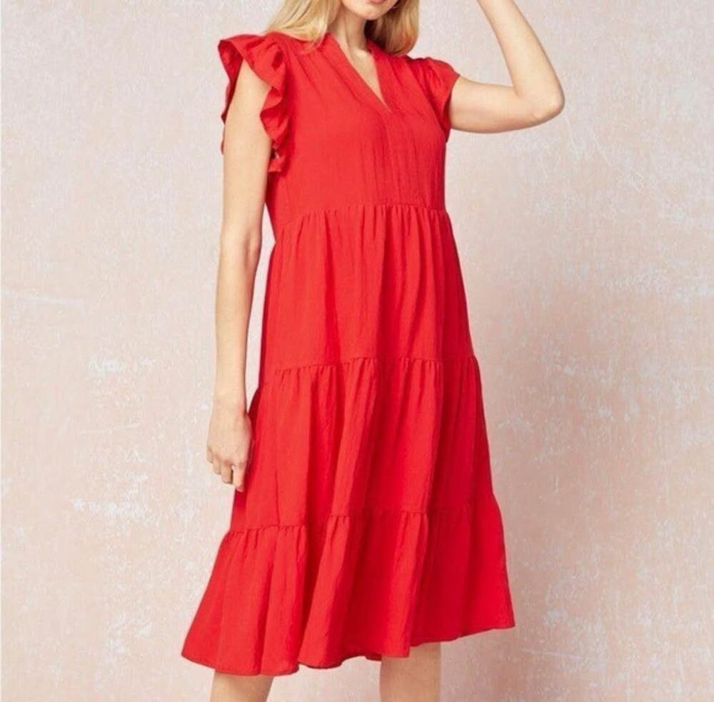 Entro Women’s Large Red Tiered Midi Swing Dress